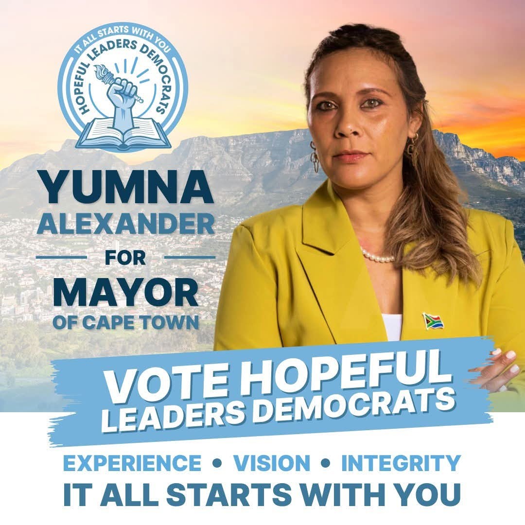 Yumna Alexander campaign poster with Table Mountain and Cape Town skyline